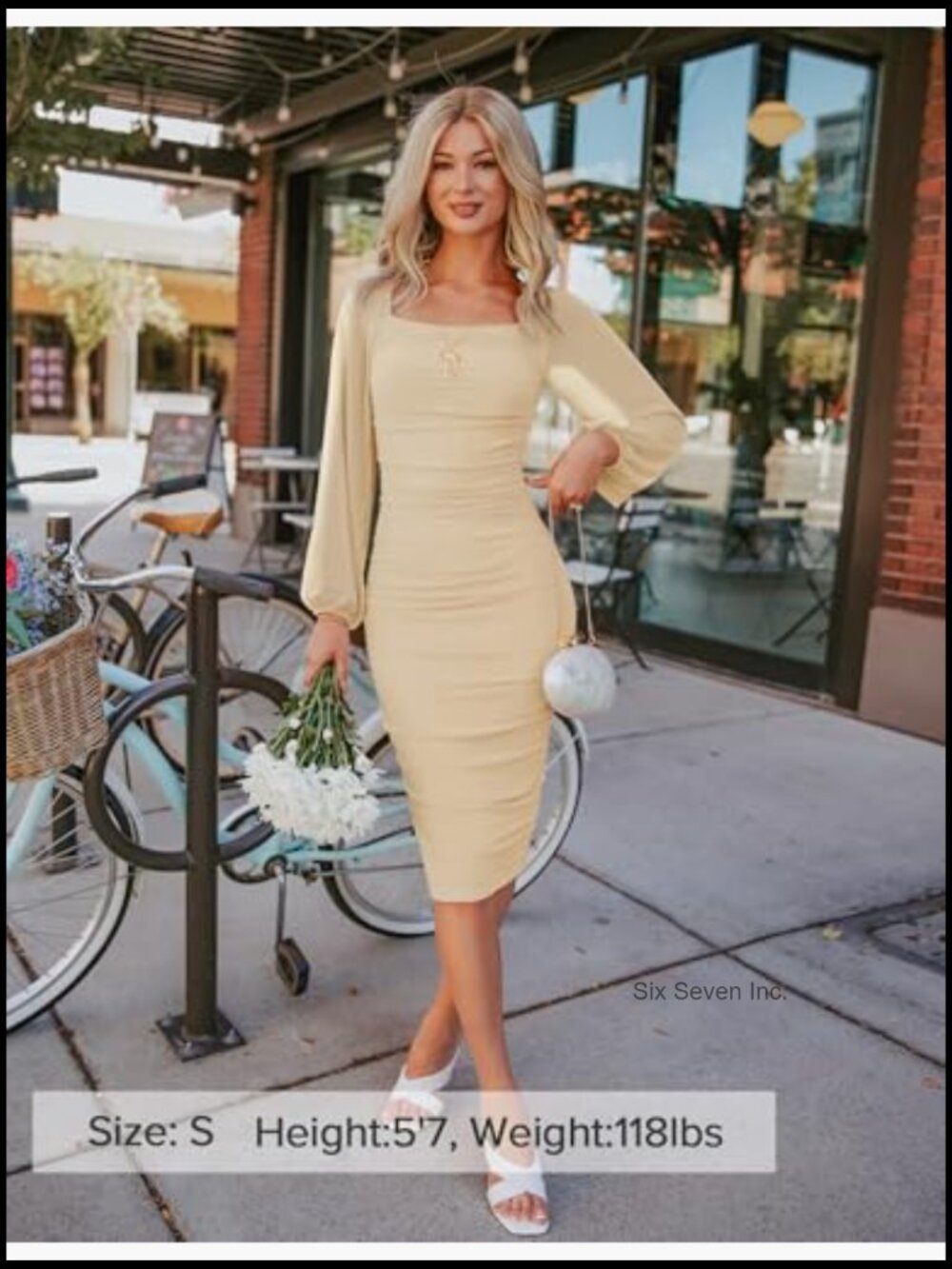 Sexy Ruched Bodycon Midi Dress Long Puff Sleeve Square Neck Backless Cocktail - Picture 6 of 7